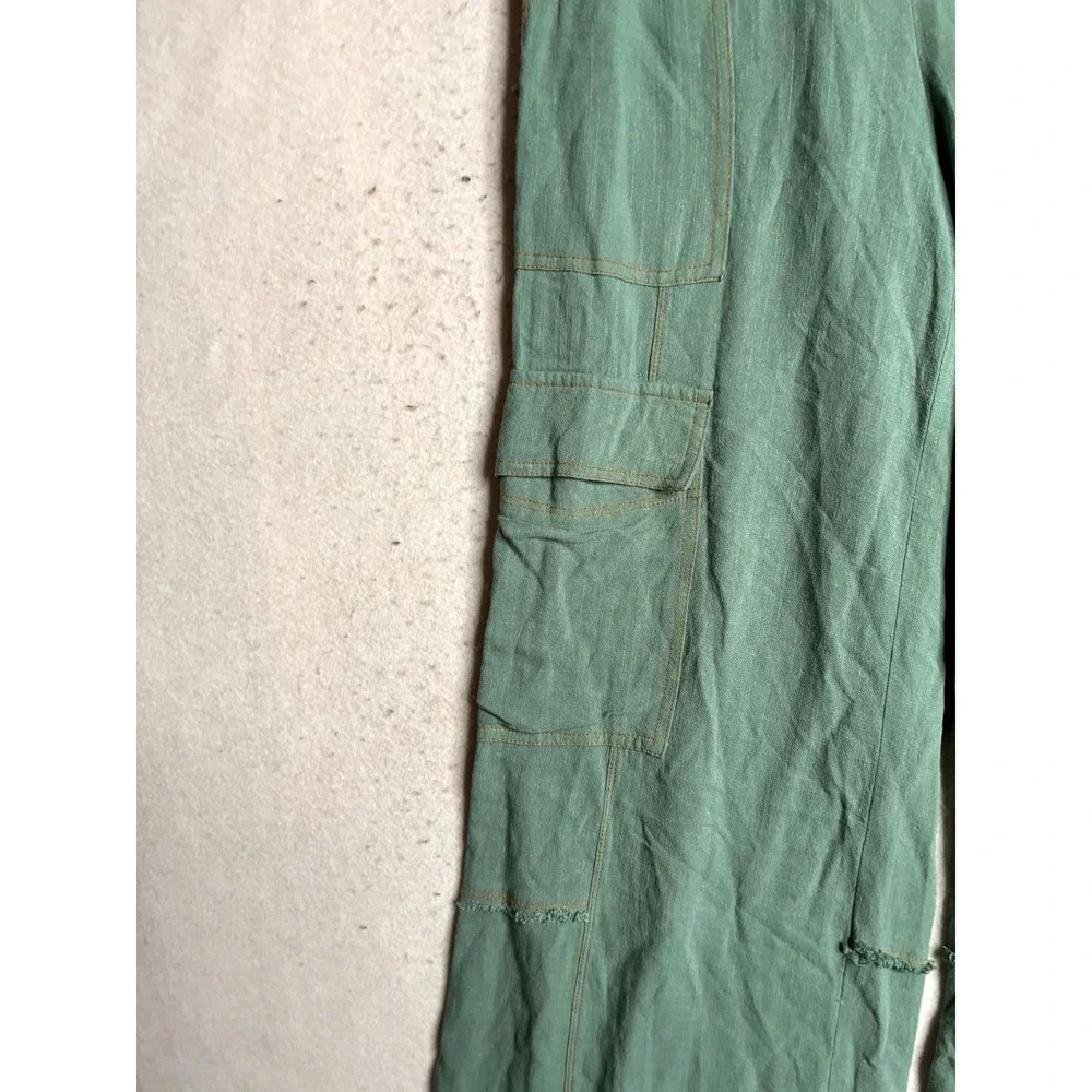 Umgee Linen Blend Cargo Pants Women Small Green Reg Fit Frayed Hem High Waisted